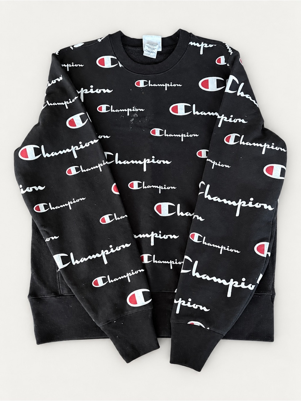 Champion Black Allover Logo Crewneck Sweatshirt with Red & White Accents